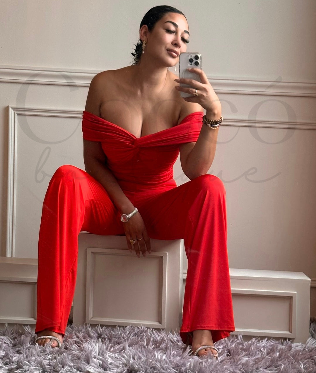 Palazzo Rojo de Licra Off Shoulder con Fruncido