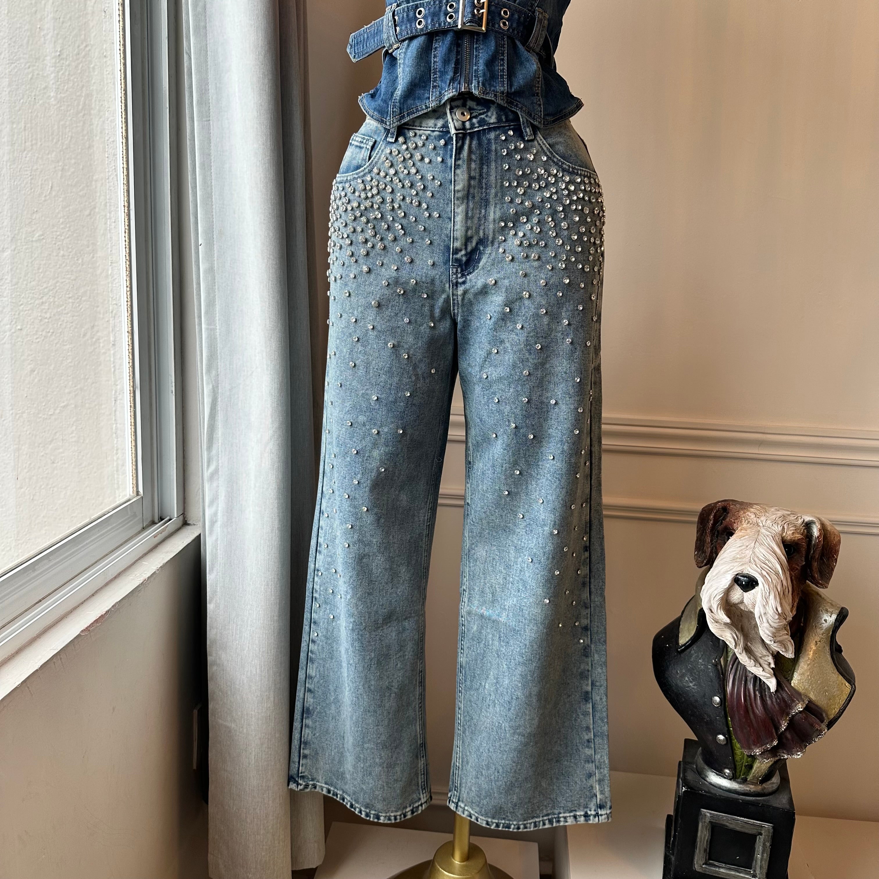 ✨ Jeans Wide Leg con Piedras Brillantes