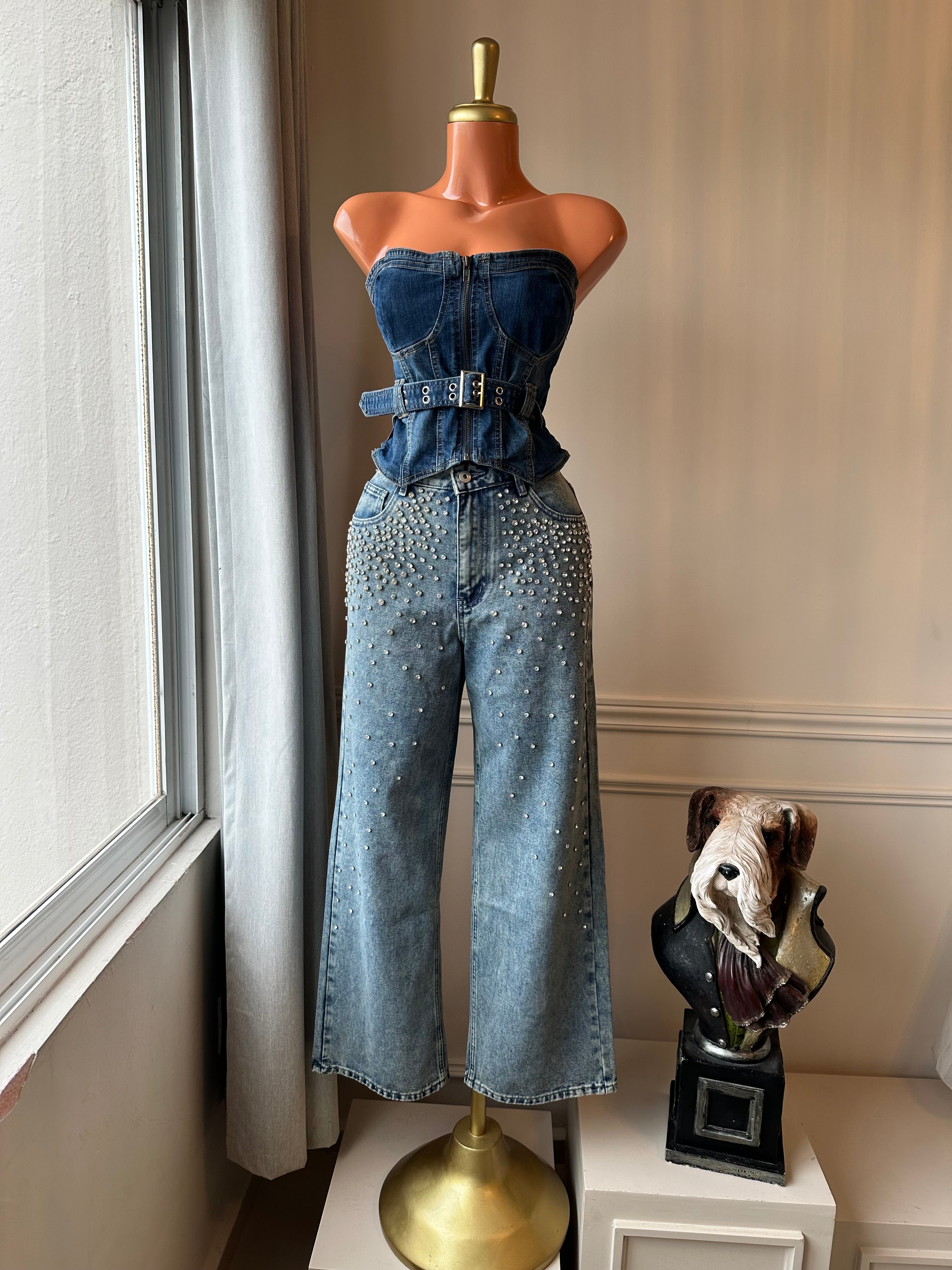 💙 Top Strapless Denim con Cinturón