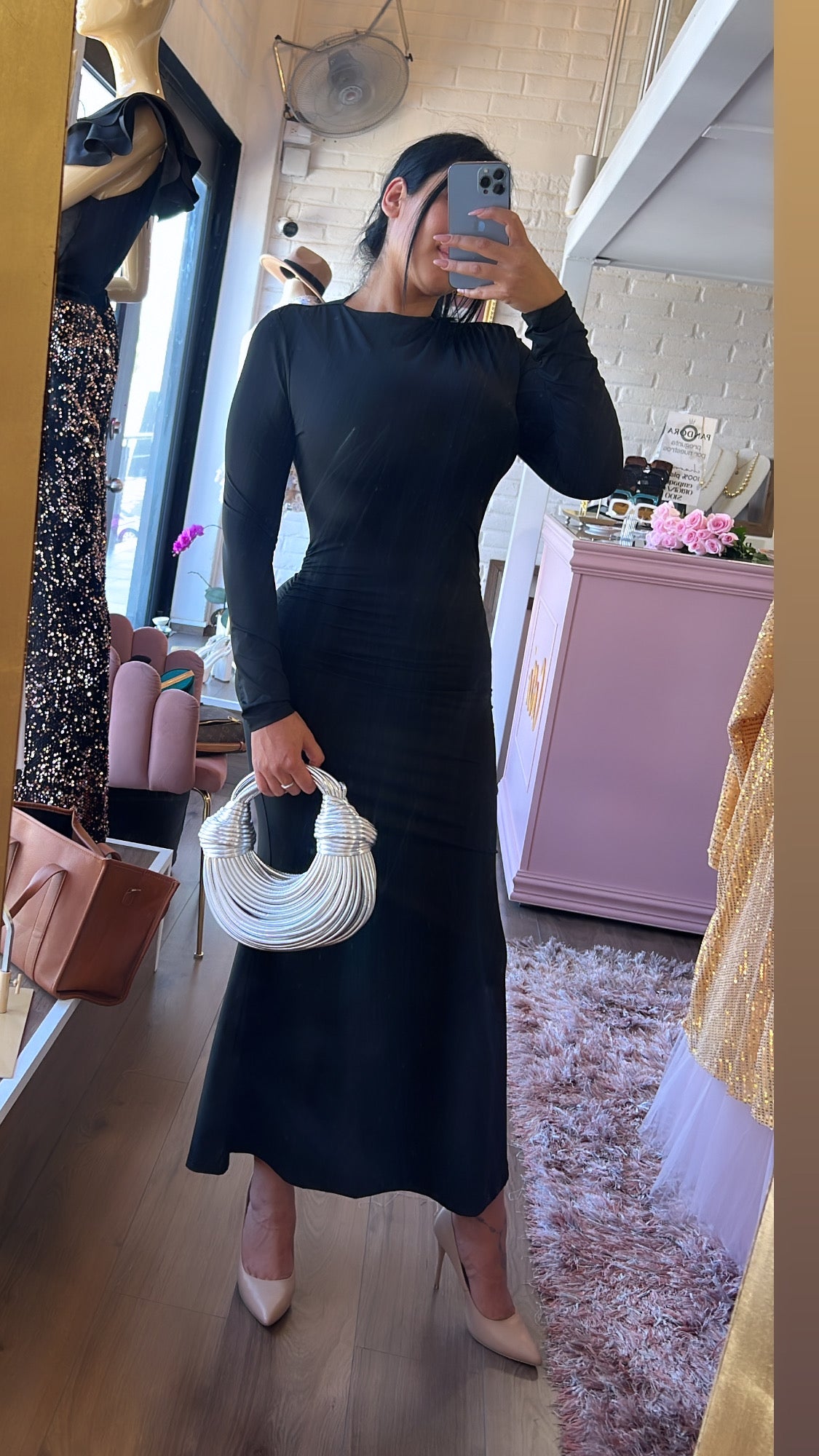 Vestido Largo Negro Manga Larga Efecto Segunda Piel