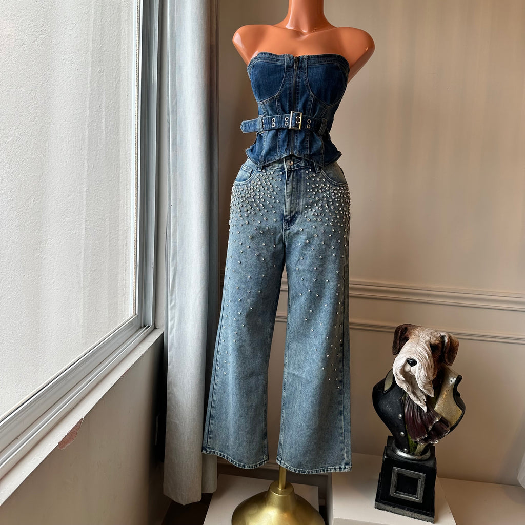 ✨ Jeans Wide Leg con Piedras Brillantes