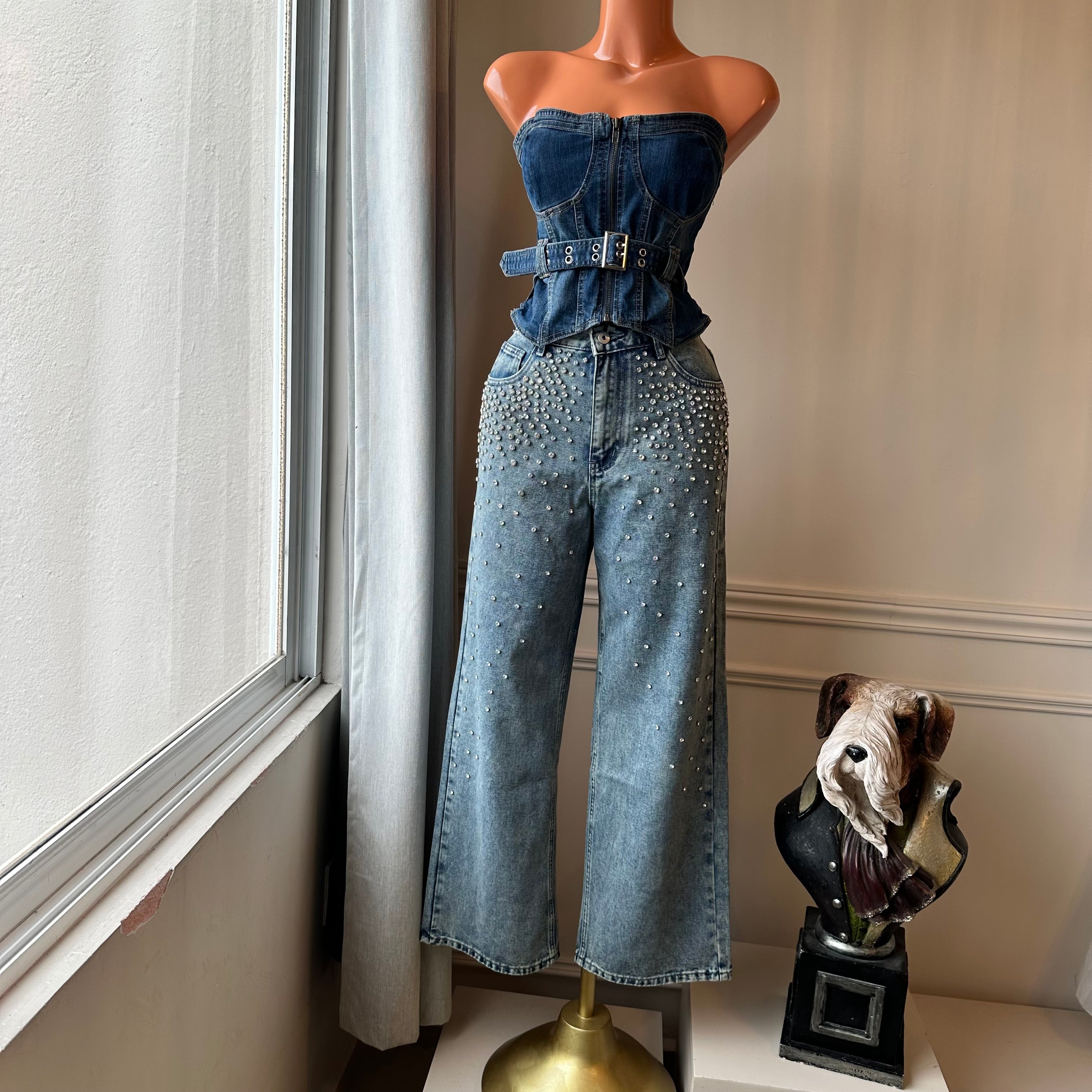 ✨ Jeans Wide Leg con Piedras Brillantes