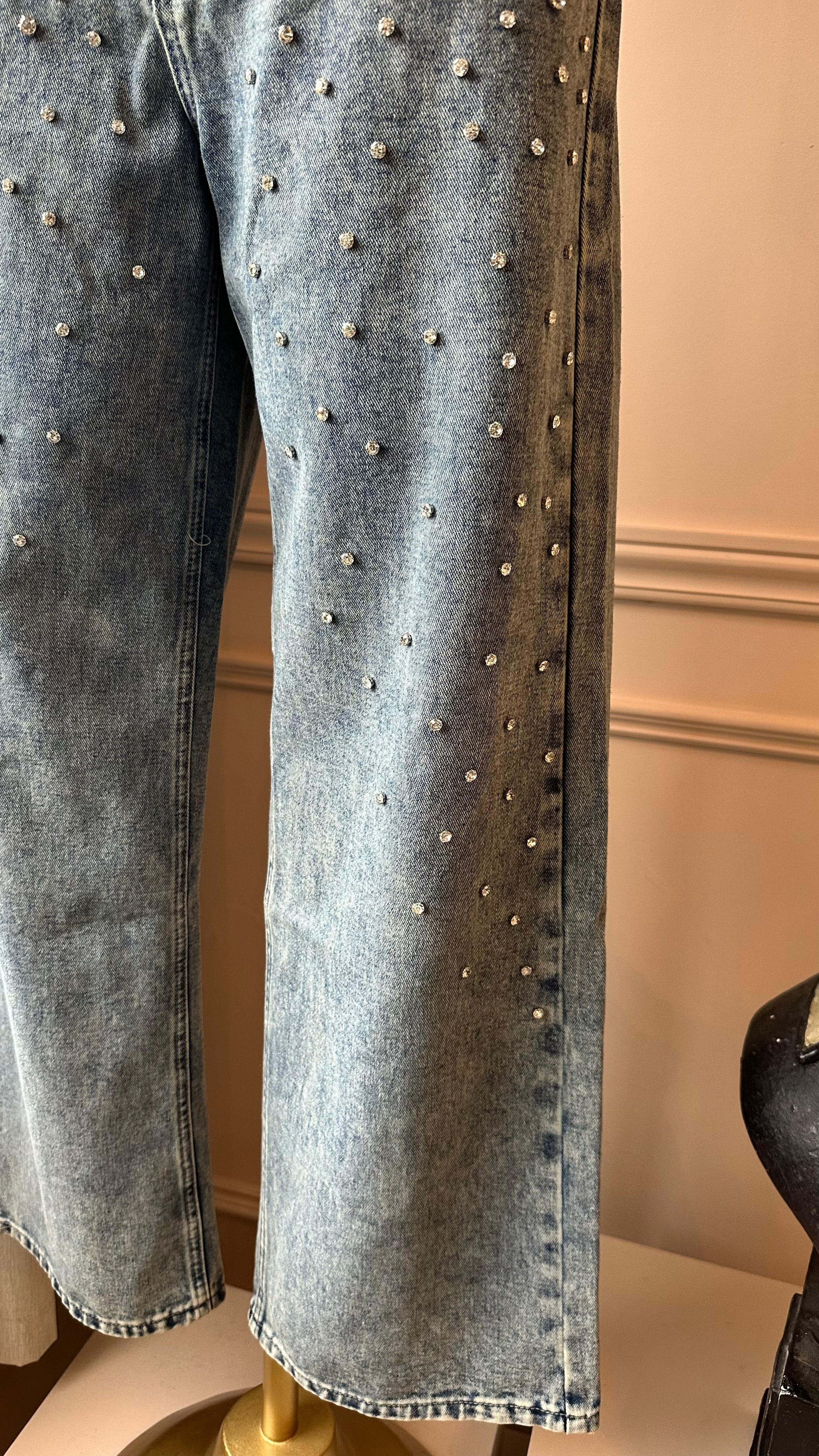 ✨ Jeans Wide Leg con Piedras Brillantes