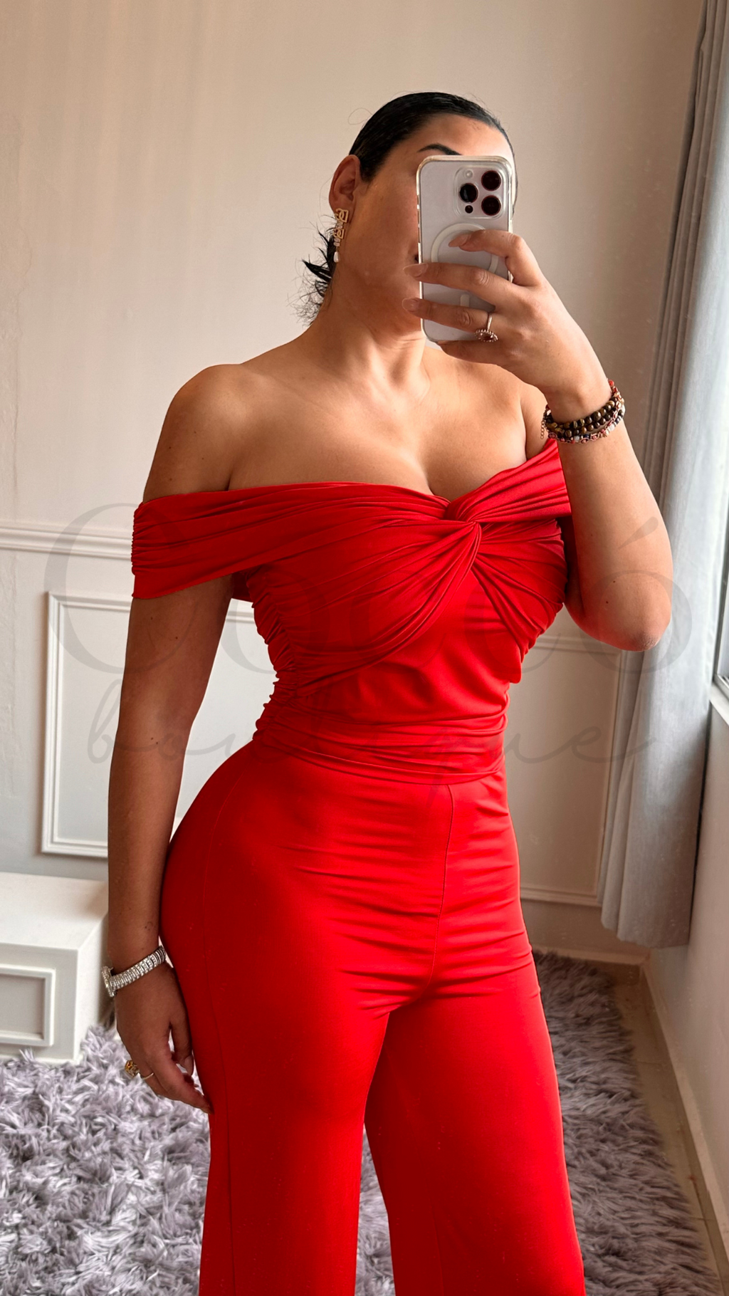 Palazzo Rojo de Licra Off Shoulder con Fruncido