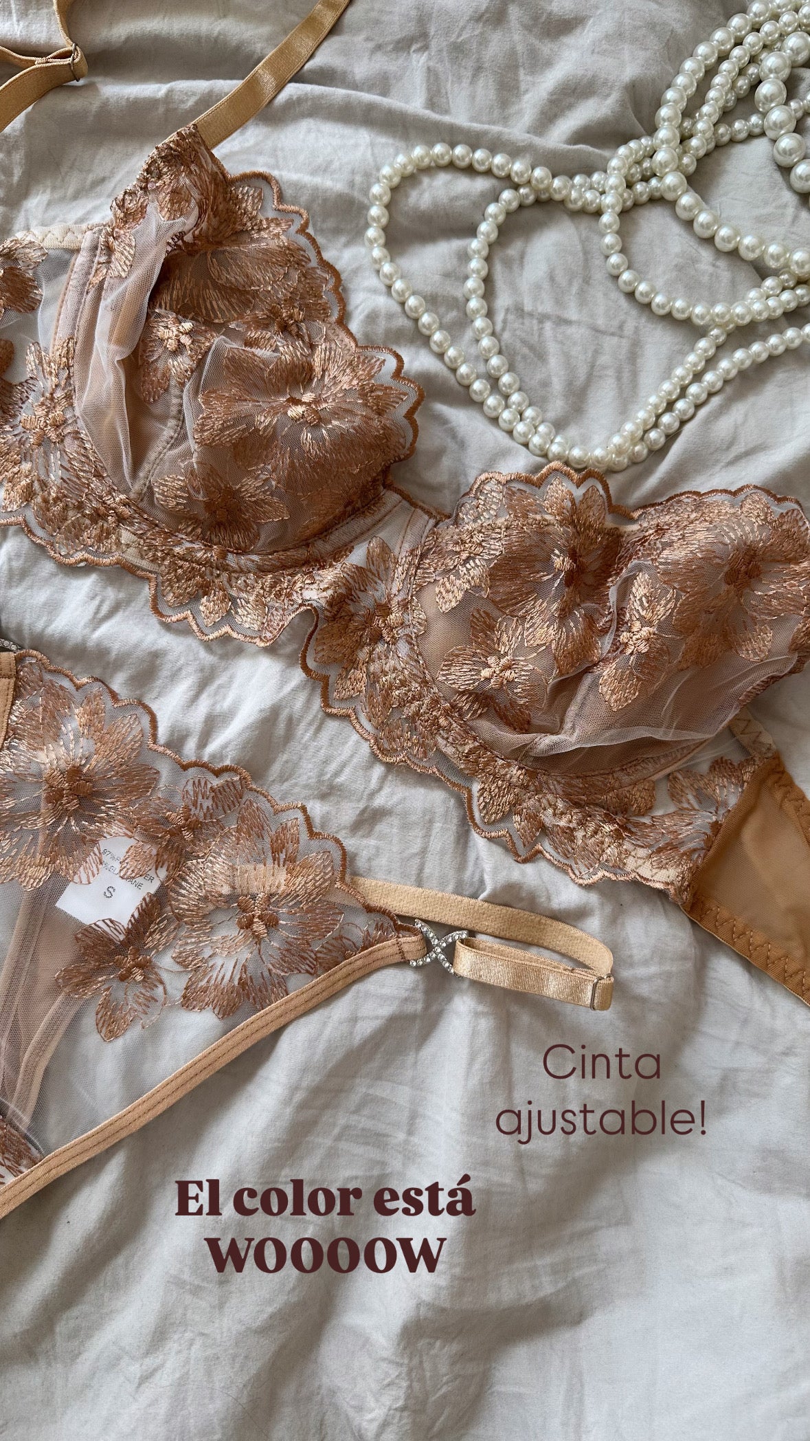 LENCERÍA PREMIUM ENCAJE FLORAL CHAMPAGNE-BRA-TANGA