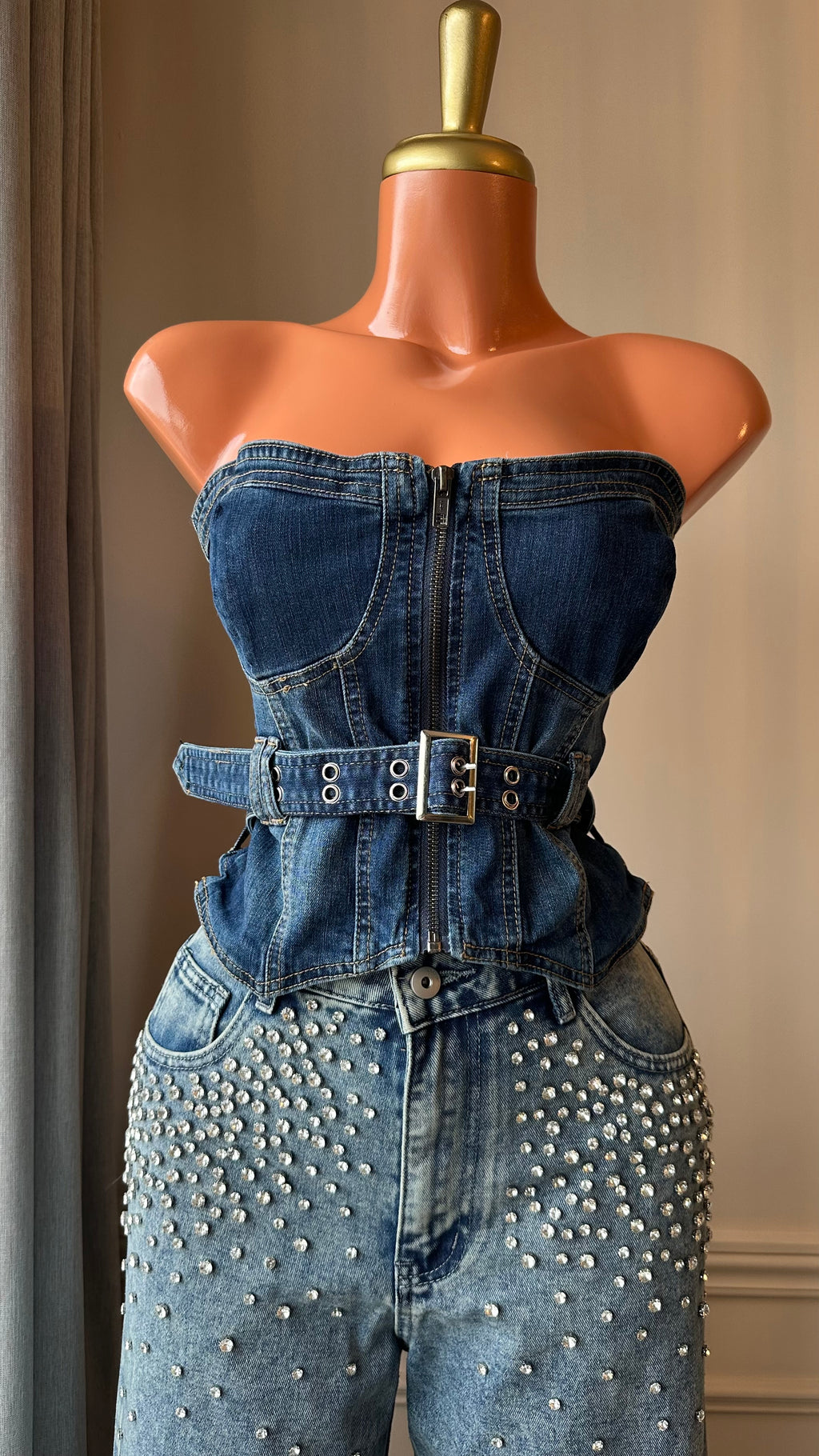 💙 Top Strapless Denim con Cinturón