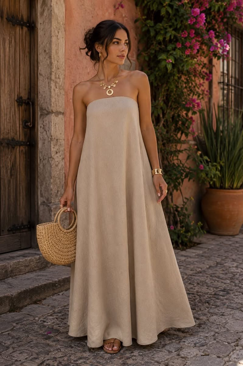 VESTIDO FRESCO STRAPLESS TIPO LINO ARENA