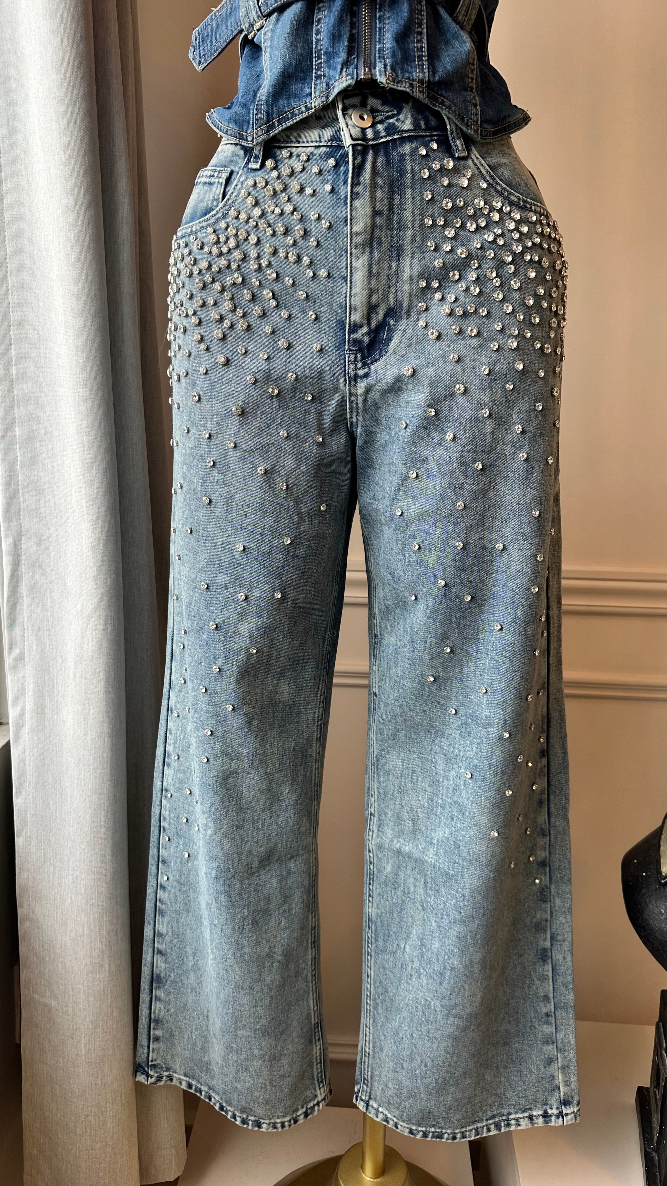 ✨ Jeans Wide Leg con Piedras Brillantes