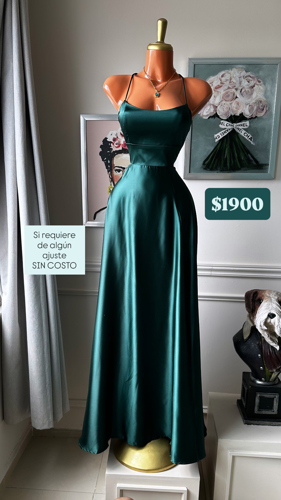 Vestido Largo Satinado Verde Esmeralda con Espalda Ajustable