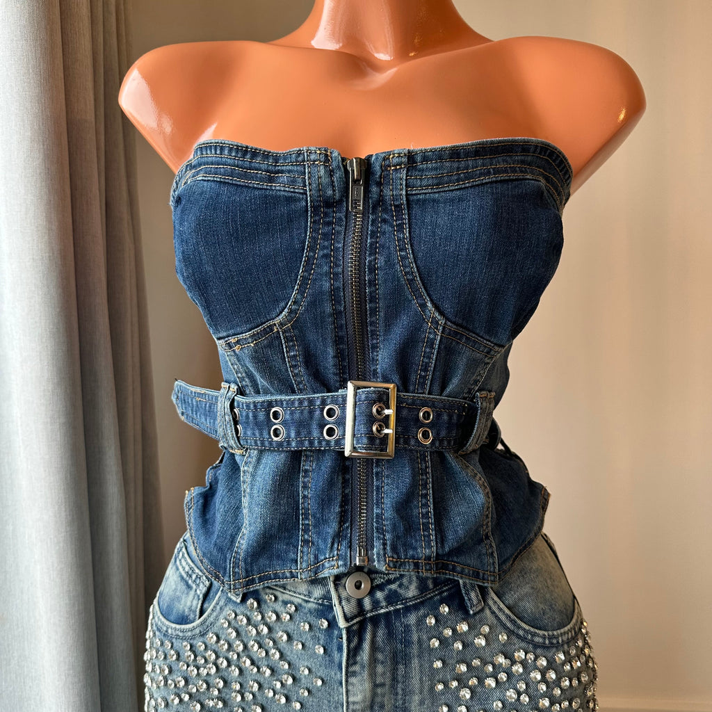 💙 Top Strapless Denim con Cinturón