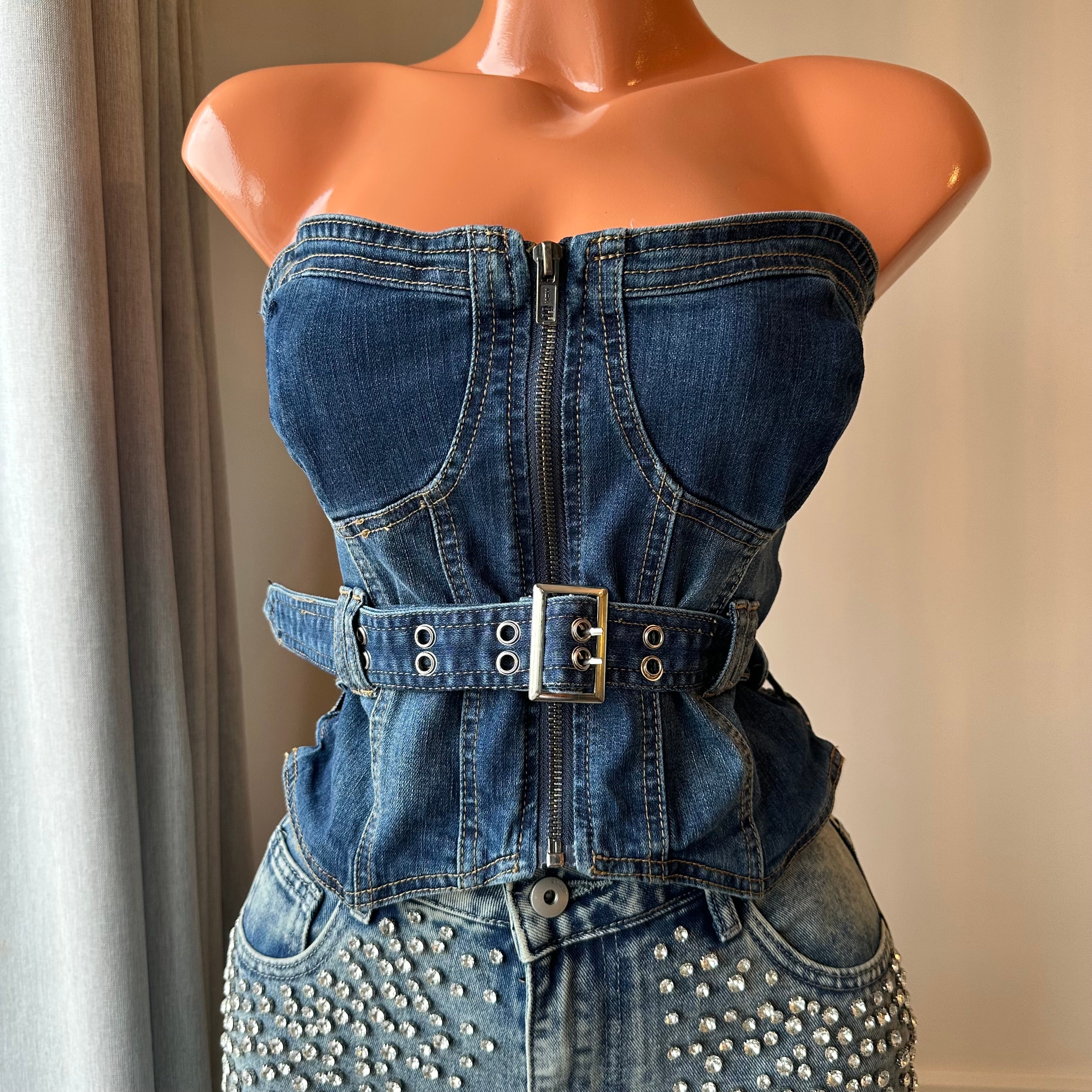 💙 Top Strapless Denim con Cinturón