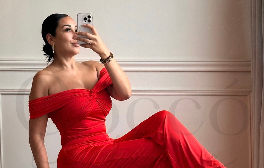 Palazzo Rojo de Licra Off Shoulder con Fruncido