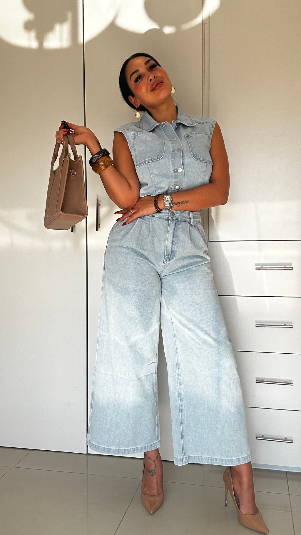 CONJUNTO DENIM PREMIUM 2 PZS-CHALECO+PANTALON WIDE LEG